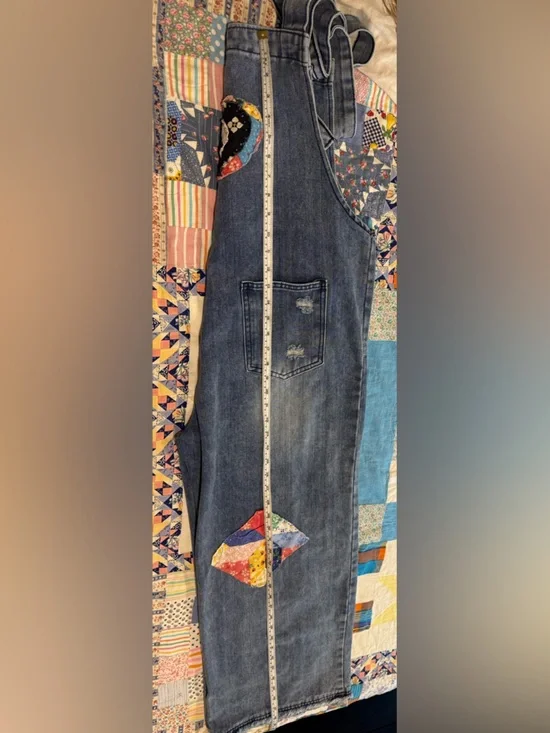 Sedona Artist OOAK Patchwork Denim Overalls girlhood floral Star Appliqués L - Picture 7 of 8